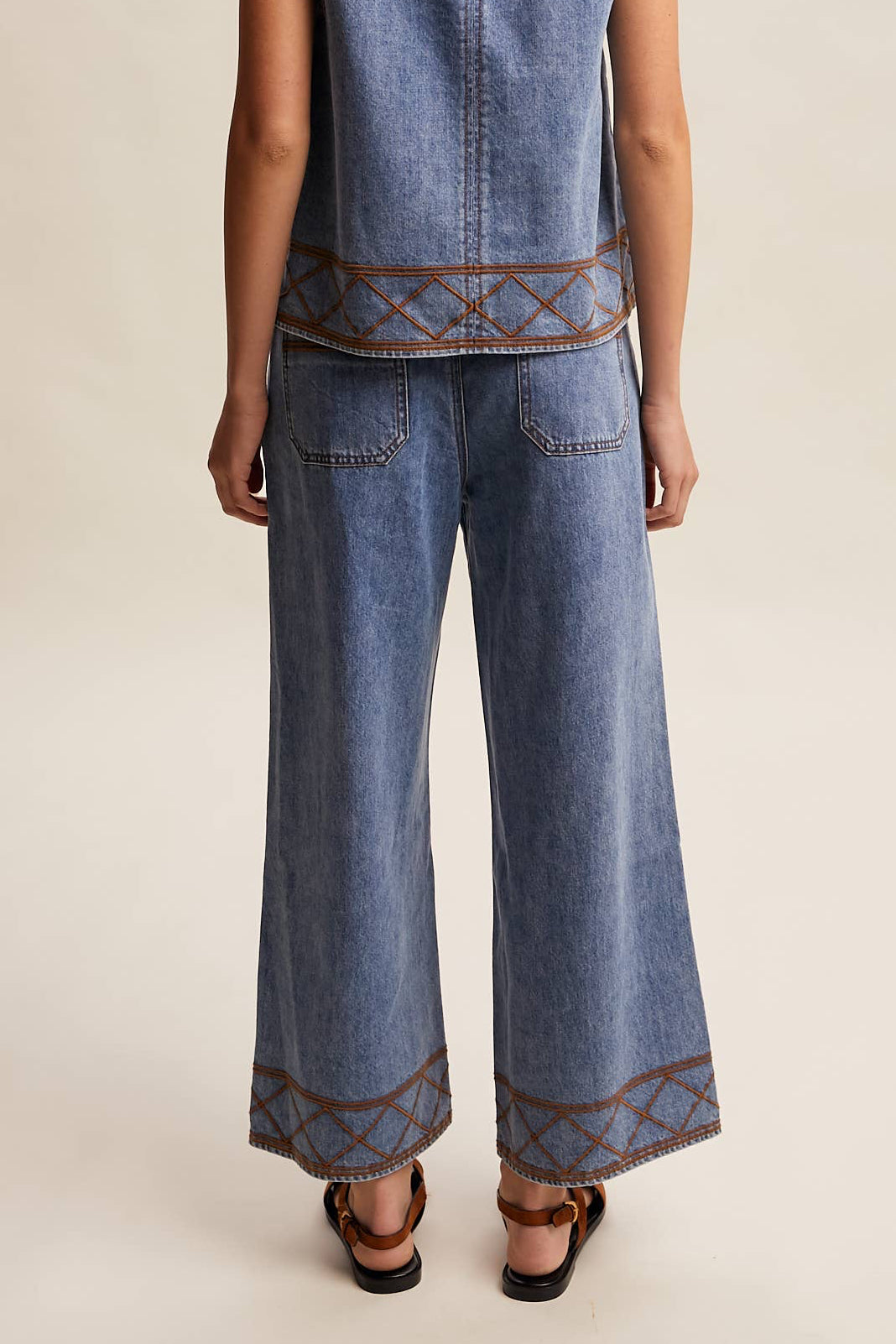 Embroidered Denim Wide-Leg Pants