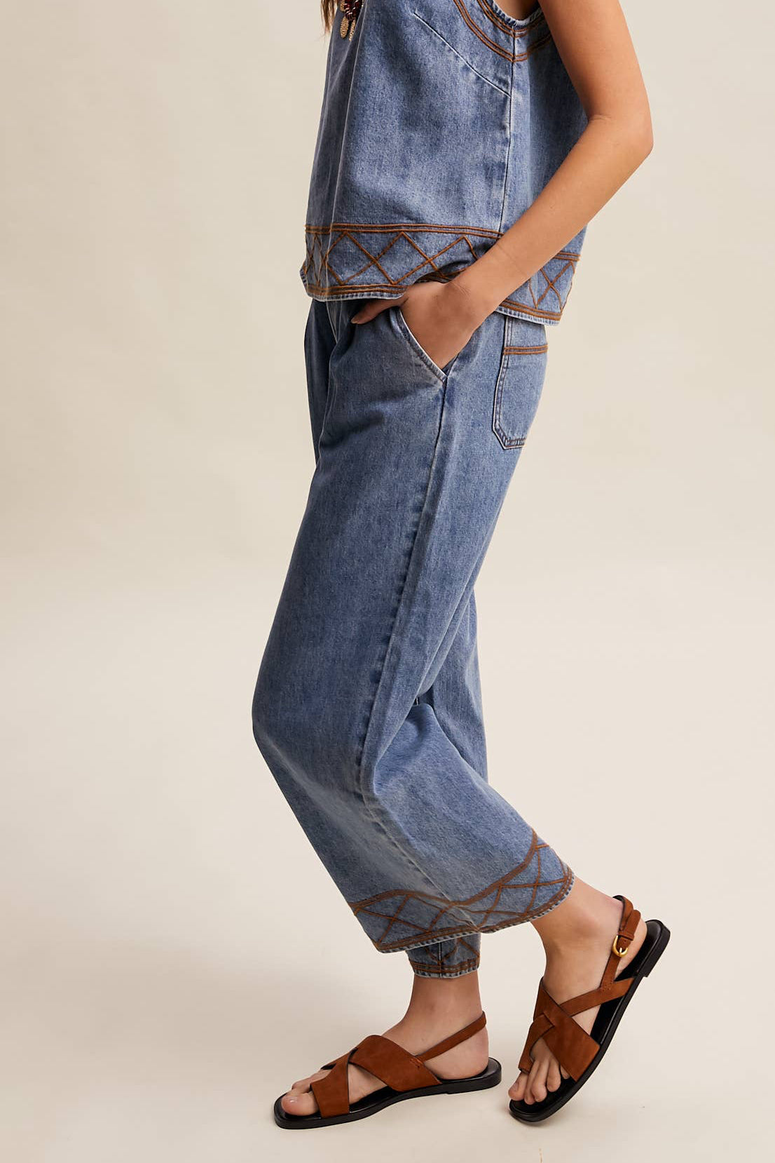 Embroidered Denim Wide-Leg Pants