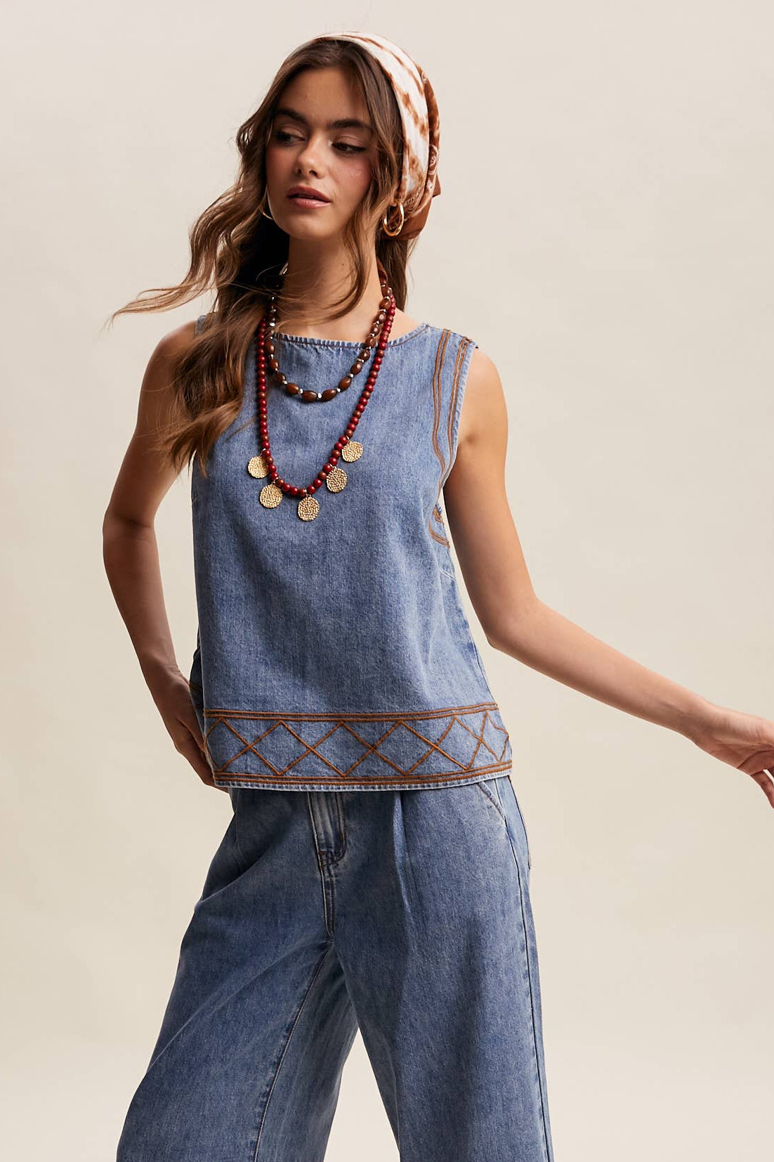 Embroidered Denim Tank