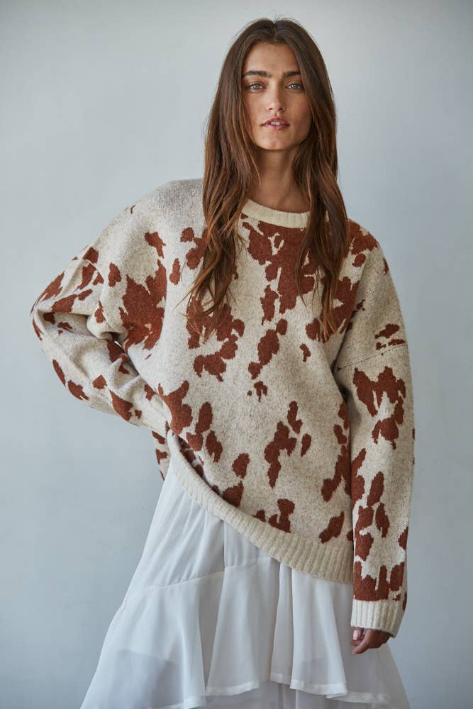 W2311 | Knit Sweater Animal Pattern Detail Top