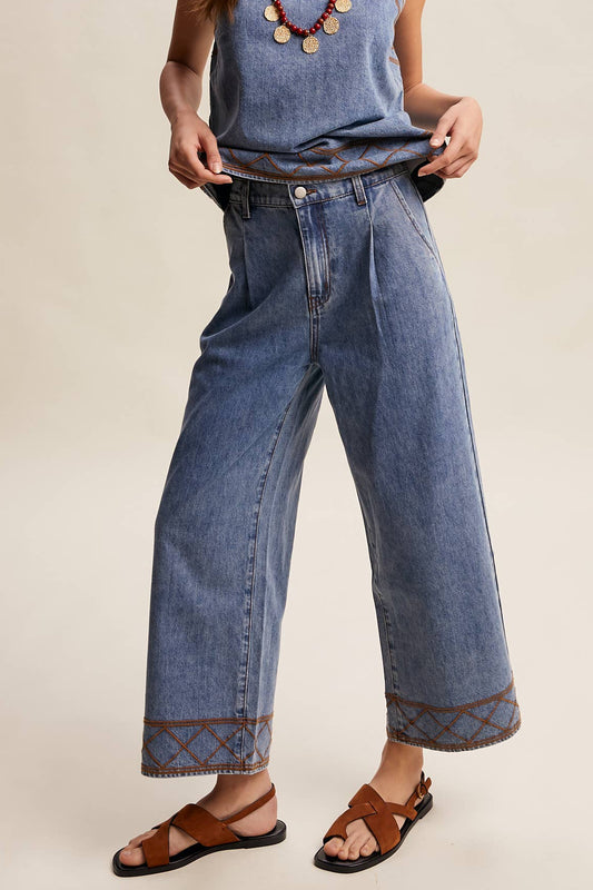Embroidered Denim Wide-Leg Pants