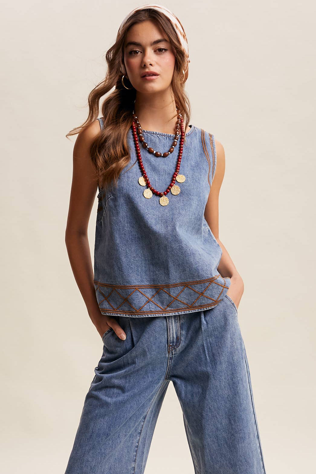 Embroidered Denim Tank