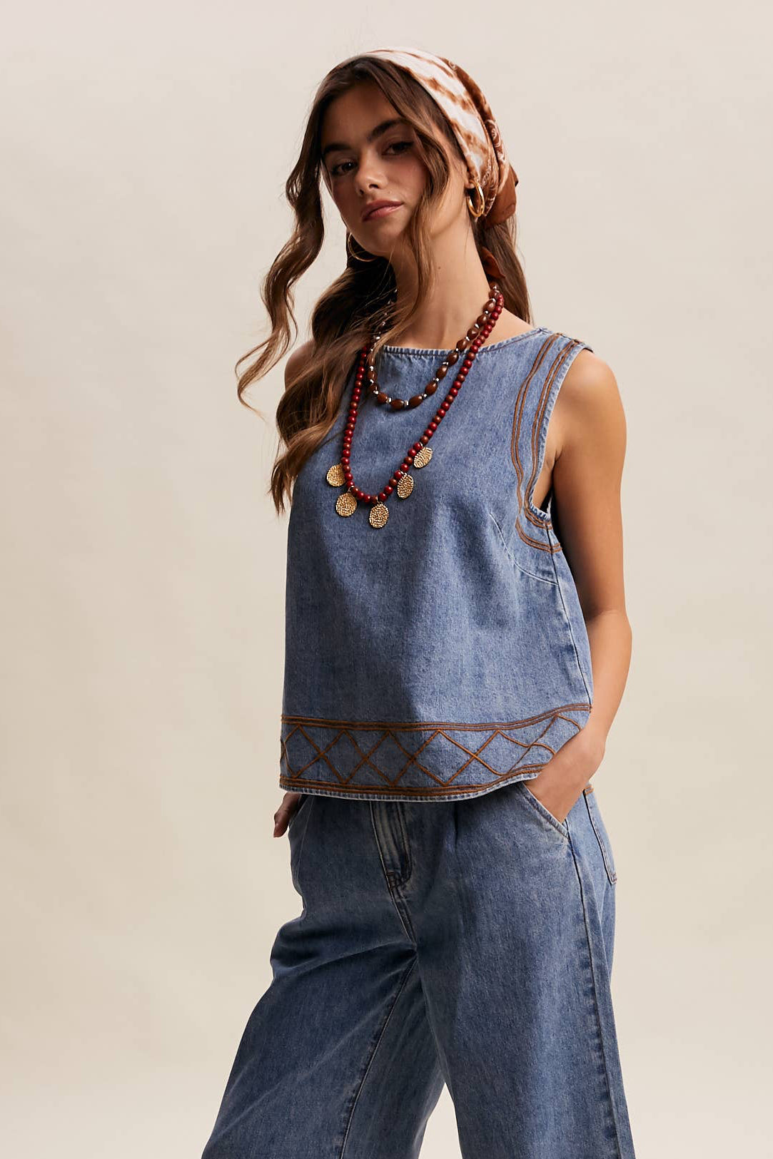 Embroidered Denim Tank
