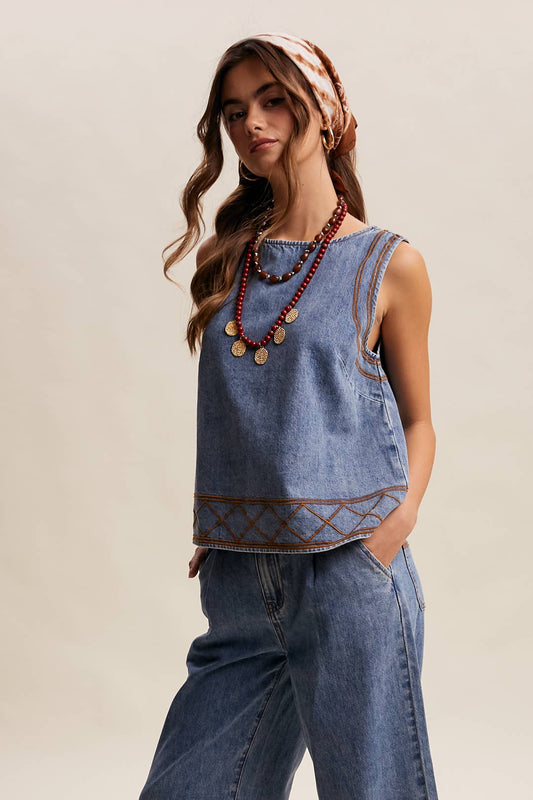 Embroidered Denim Tank